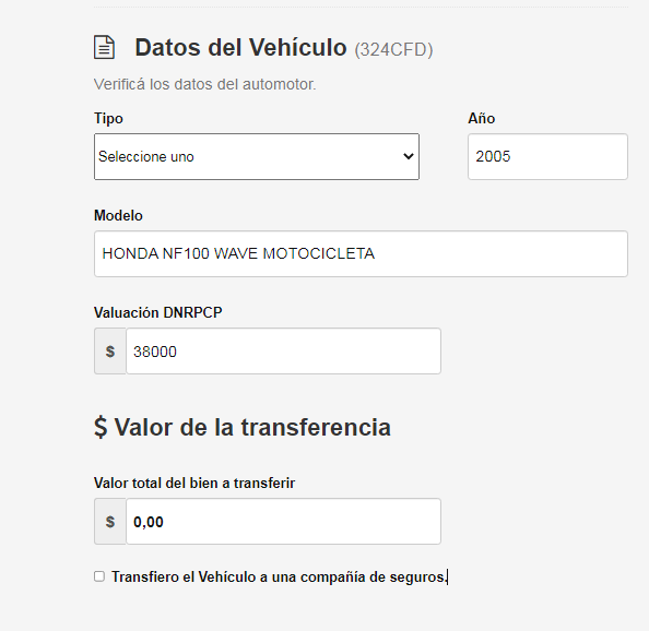datos del vehículo formulario ceta